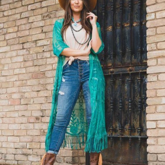 Jade Lace Kimono with Fringe - Picture 5 of 5